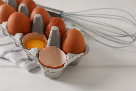 Fresh raw chicken eggs and whiskey on white wooden table, closeup. Space for textの写真素材