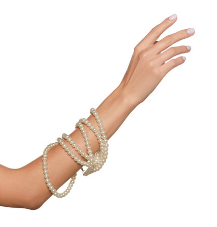 Young woman with elegant pearl necklace on white background, closeupの写真素材