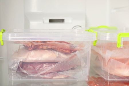 Vacuum bags with different products in fridge, closeup. food storageの写真素材