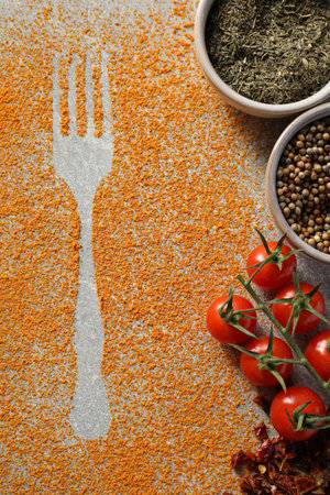 Different spices and silhouettes of fork on light gray table, flat layの写真素材