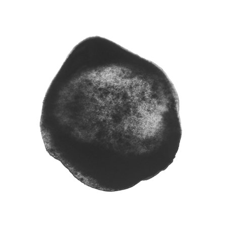 Blot of black watercolor paint isolated on white, top viewの写真素材