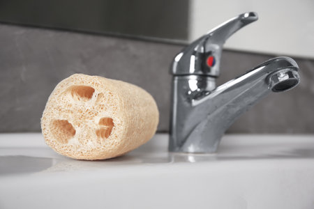Natural loofah sponge on washbasin near faucet, closeupの写真素材