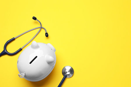 Piggy bank and stethoscope on yellow background, flat lay with space for text. medical insuranceの写真素材