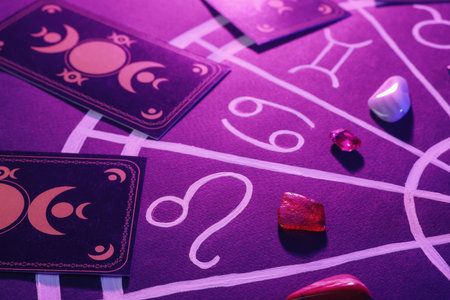 Natural stones for zodiac signs, tarot cards and drawn astrology chart on purple background, closeup. color tone effectの写真素材