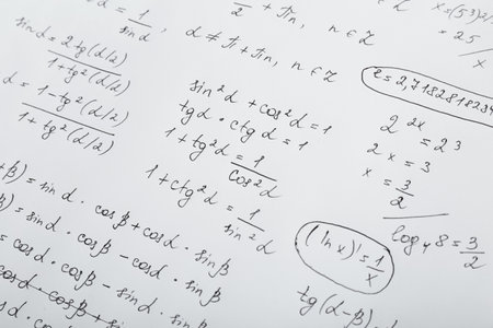 Sheet of paper with many different mathematical formulasの写真素材