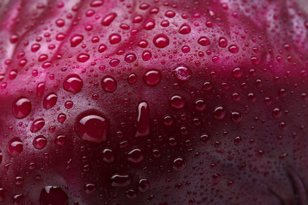 Fresh ripe red cabbage with water drops as background, closeup