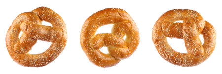 Set with tasty freshly baked pretzels on white background. banner design