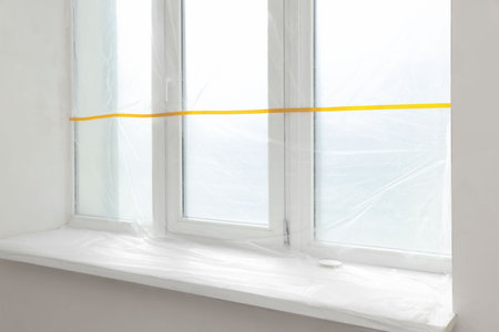 Window covered with polyethylene film. Protection during repair