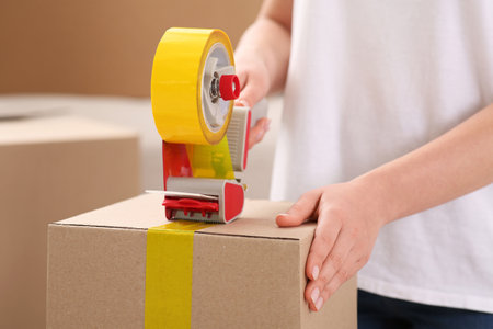 Woman applying adhesive tape on box with dispenser indoors, closeupの写真素材