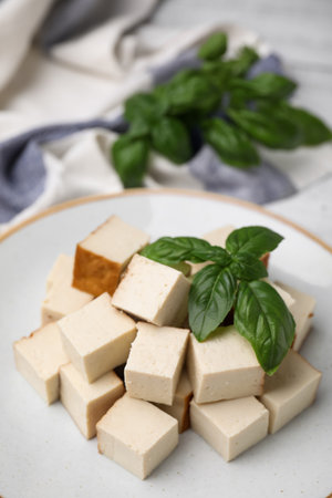 Plate with delicious smoked tofu and basil, closeupの写真素材