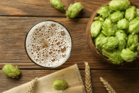 Glass of beer, fresh green hops and spikes on wooden table, flat layの写真素材