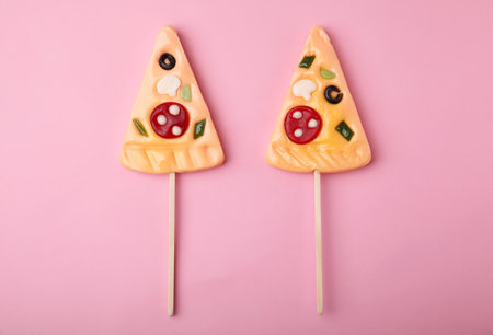 Pizza shaped lollipops on pink background, flat layの写真素材