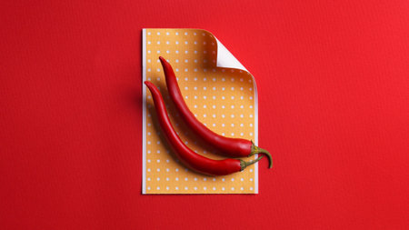 Pepper plasters and chili on red background, flat layの写真素材
