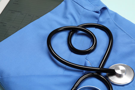 Stethoscope in shape of heart on light blue medical uniform, closeupの写真素材