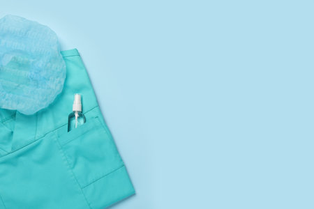Medical uniform, cap and antiseptic on light blue background, flat lay. Space for textの写真素材
