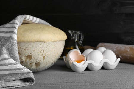Fresh yeast dough and ingredients on gray wooden table