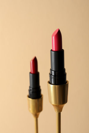 Beautiful glossy pink and red lipsticks on beige backgroundの写真素材