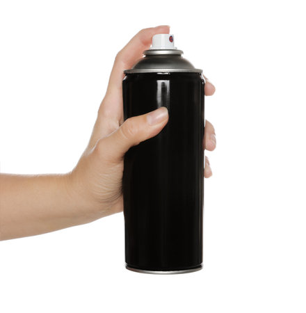 Woman holding black can of spray paint on white background, closeupの写真素材