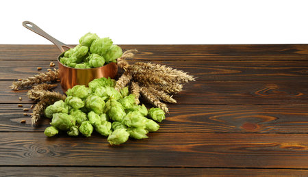 Fresh hop flowers and wheat ears on wooden table against white background, space for text