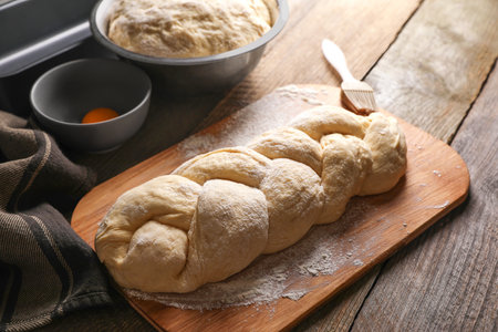 Homemade braided bread and ingredients on wooden table, above view. Cooking traditional Shabbat...