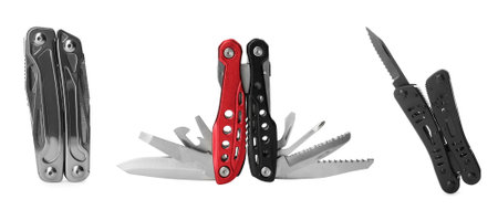 Set with different portable multitools on white background. banner design
