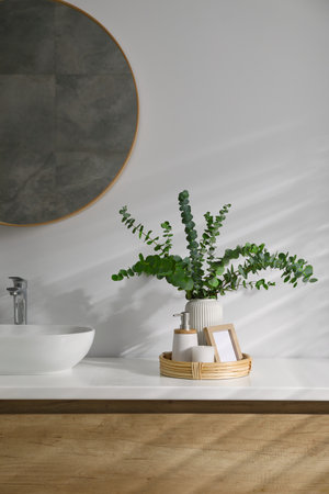 Stylish mirror, eucalyptus branches and vessel sink in modern bathroom. interior design