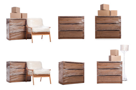 Furniture and lamp wrapped with stretch film and cardboard boxes on white background, collage designの写真素材