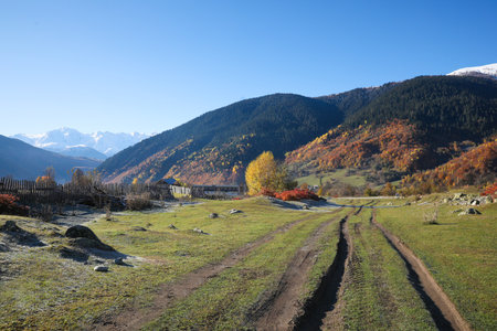Picturesque view of empty pathway in mountains on sunny dayの写真素材