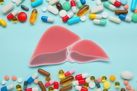 Paper liver and pills on turquoise background, flat lay. Hepatitis treatmentの写真素材