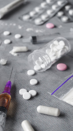 Different hard drugs on gray table, closeupの写真素材
