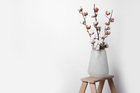 Cotton branches with fluffy flowers in vase on wooden ladder near white wall. Space for textの写真素材