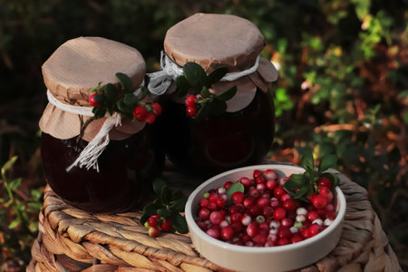 Jars of delicious lingonberry jam and red berries on wicker basket outdoorsの写真素材