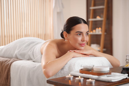 Young woman resting on massage couch in spa salonの写真素材