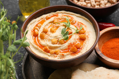 Delicious hummus with chickpeas and different ingredients on gray tableの写真素材