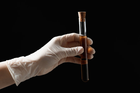 Scientist holding test tube with liquid on black background, closeupの写真素材