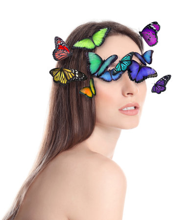 Young woman with beautiful butterflies on white background. Stylish collage design