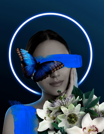 Young woman with beautiful flowers and butterfly on dark blue background. Paint stroke closing her eyes. Stylish creative collage designの写真素材