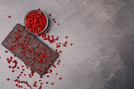 Delicious chocolate bar and red peppercorns on gray textured table, flat lay. Space for text