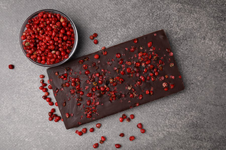 Delicious chocolate bar and red peppercorns on gray textured table, flat lay