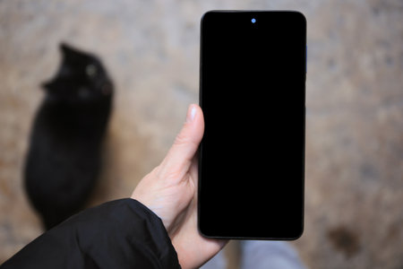 Woman holding mobile phone outdoors on overcast day, closeup. Space for textの写真素材