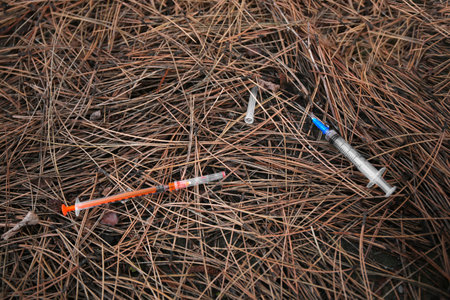 Disposable syringes with needles on heap of dry branchesの写真素材
