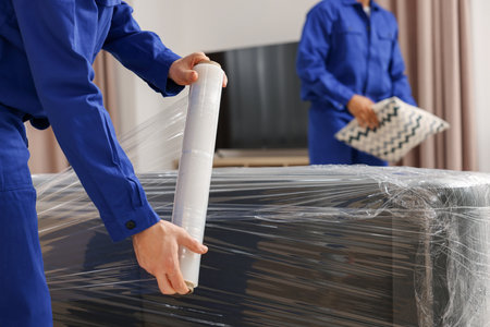 Male movers with sofa and pillow in new house, closeupの写真素材