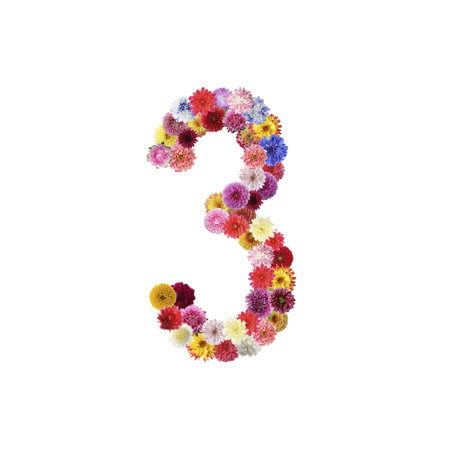 Number 3 made of beautiful flowers on white backgroundの写真素材