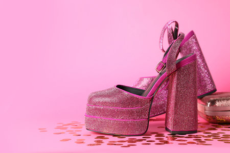 Fashionable punk square toe ankle strap pumps and confetti on pink background, space for text. Shiny party platform high heeled shoesの写真素材