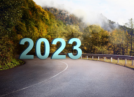 Start of new year 2023. Asphalt road leading to numbers