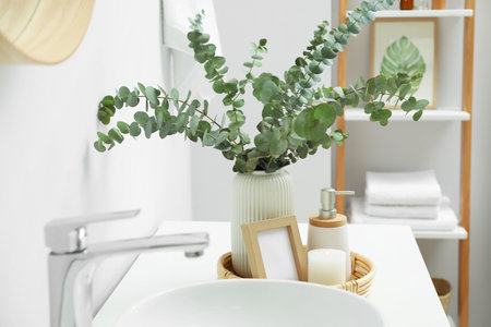 Vase with eucalyptus branches and toiletries near vessel sink in bathroom. interior designの写真素材