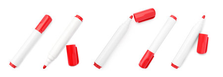 Set of bright red markers on white background, top view. school stationeryの写真素材