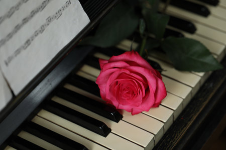 Beautiful pink rose and musical notes on piano, closeupの写真素材