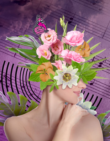 Young woman with beautiful flowers, butterfly and leaves on bright background. Stylish creative collage designの写真素材