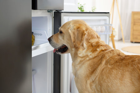 Cute Labrador Retriever seeking for food in refrigerator indoorsの写真素材